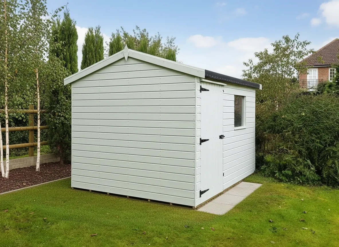 Pale grey painted apex shed with window