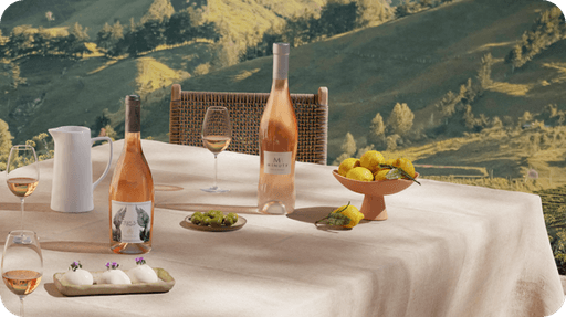Lifestyle shot of rosé wines on table with glasses and lemons and mozarella against Mediterranean background with mountains