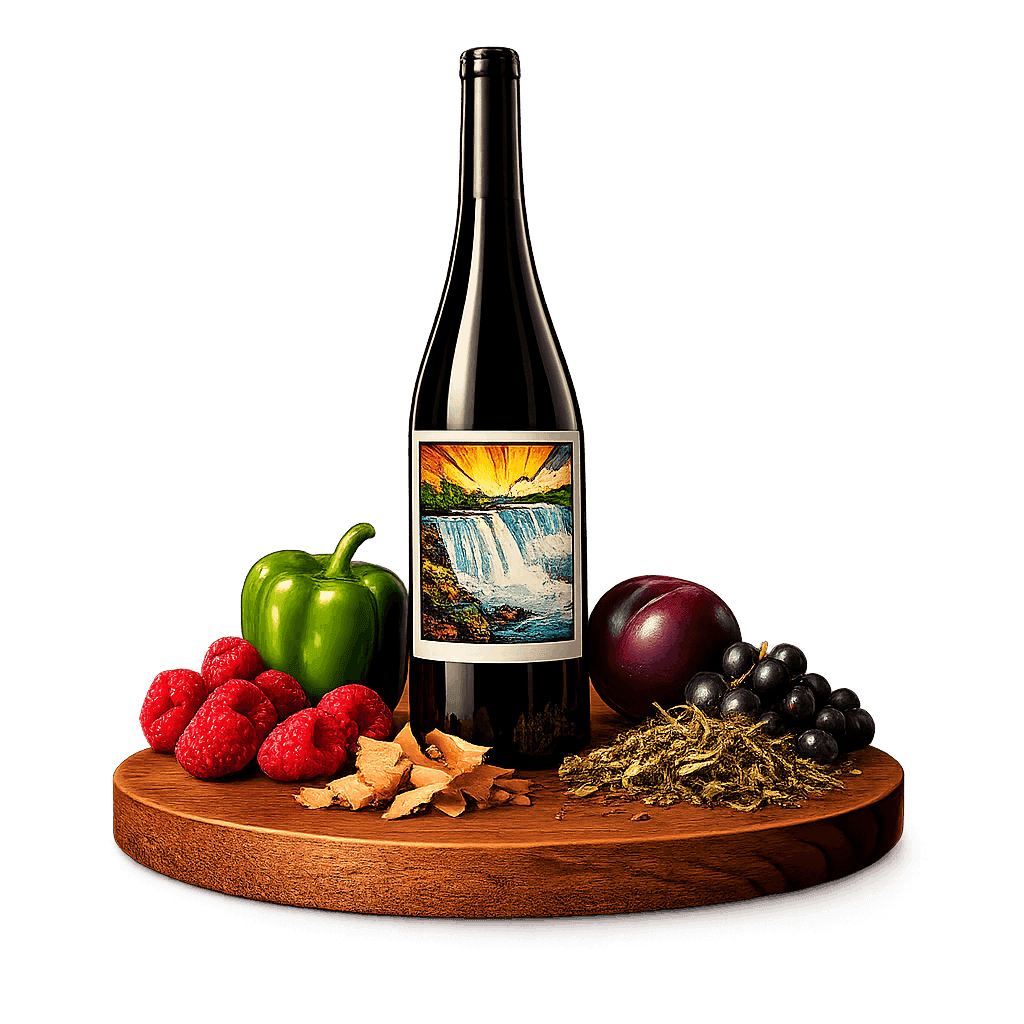 Artistic label and flavor profile for Niagara Cabernet Franc on a rustic wooden table.