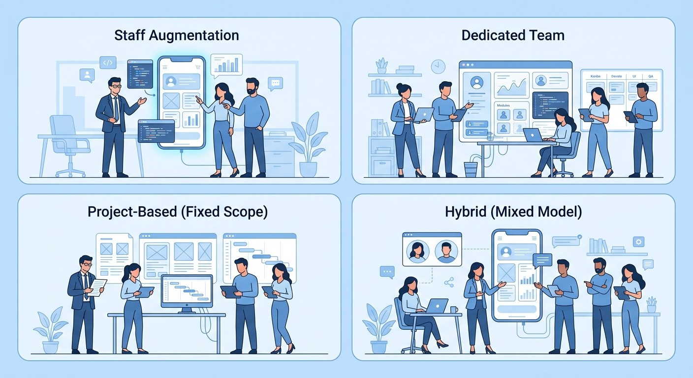 Illustration comparing four app development engagement models with teams around app screens.