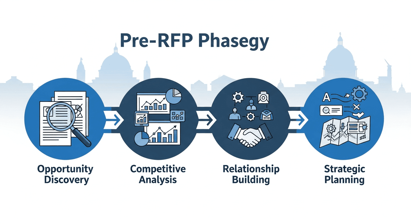 A professional business strategy visualization showing a timeline or workflow diagram with interconnected phases: opportunity discovery with magnifying glass scanning documents, competitive analysis with charts and market research, relationship building with handshakes and networking symbols, and strategic planning with roadmaps. Use a modern, clean design with blue and gray tones, subtle government building silhouettes in background, depicting the pre-RFP phase of federal contracting. No text or letters.