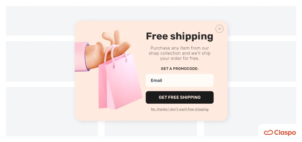 Claspo exit-intent popup template with free shipping offer