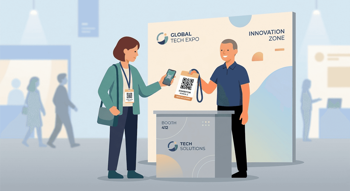 A person scanning a QR badge to capture a lead at an event using Habsy Business Card Manager