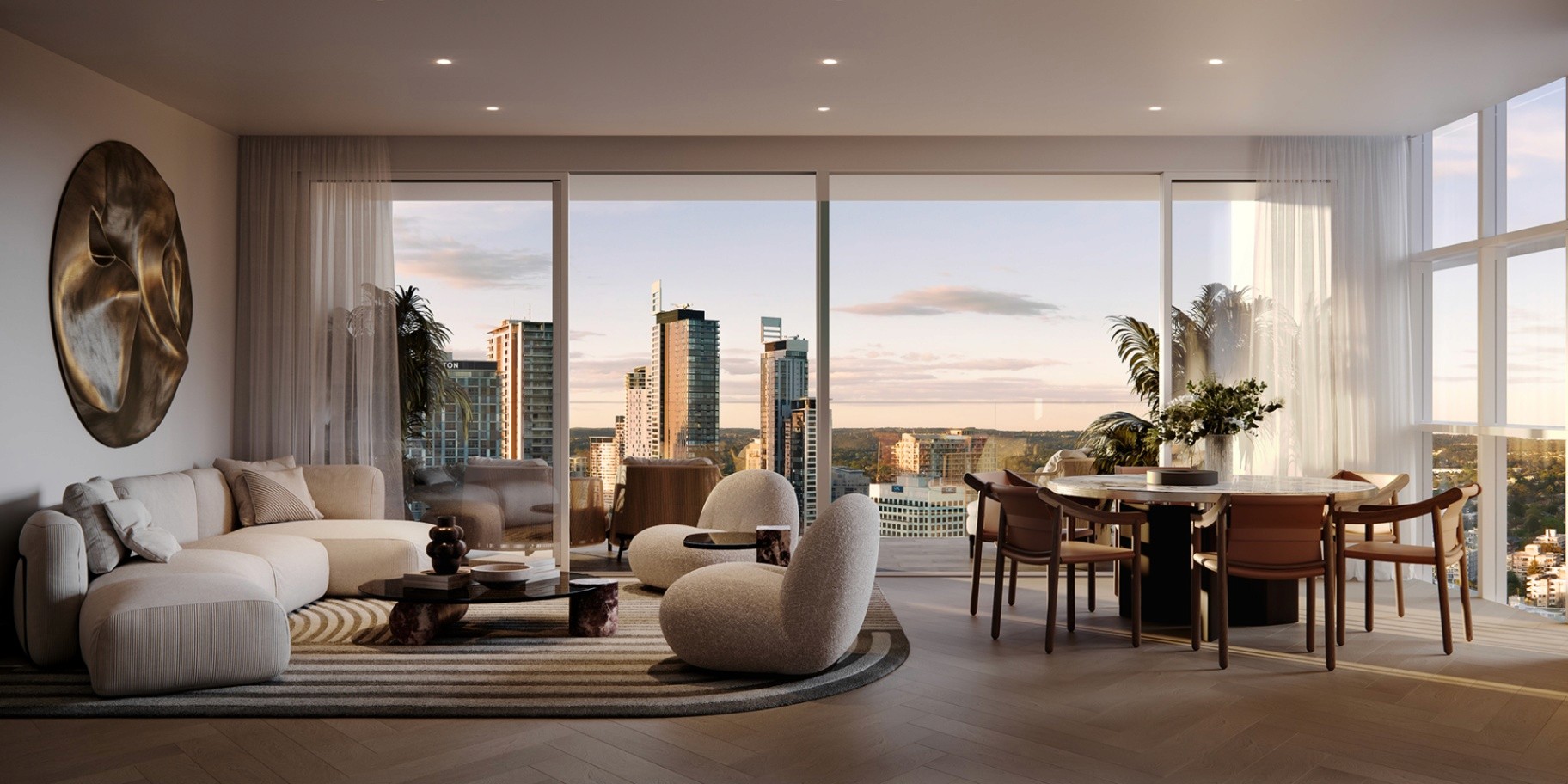 Premium open-plan living and dining area inside Hammond Greens apartment with floor-to-ceiling windows and expansive Chatswood skyline views.