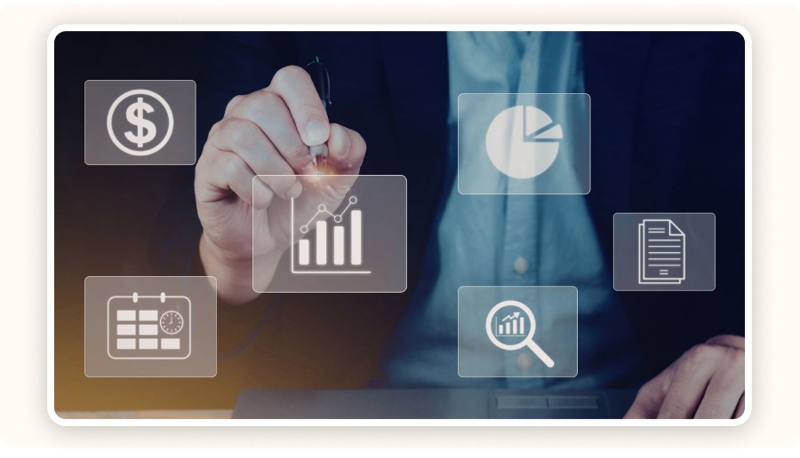 Hand pointing at a digital reporting dashboard