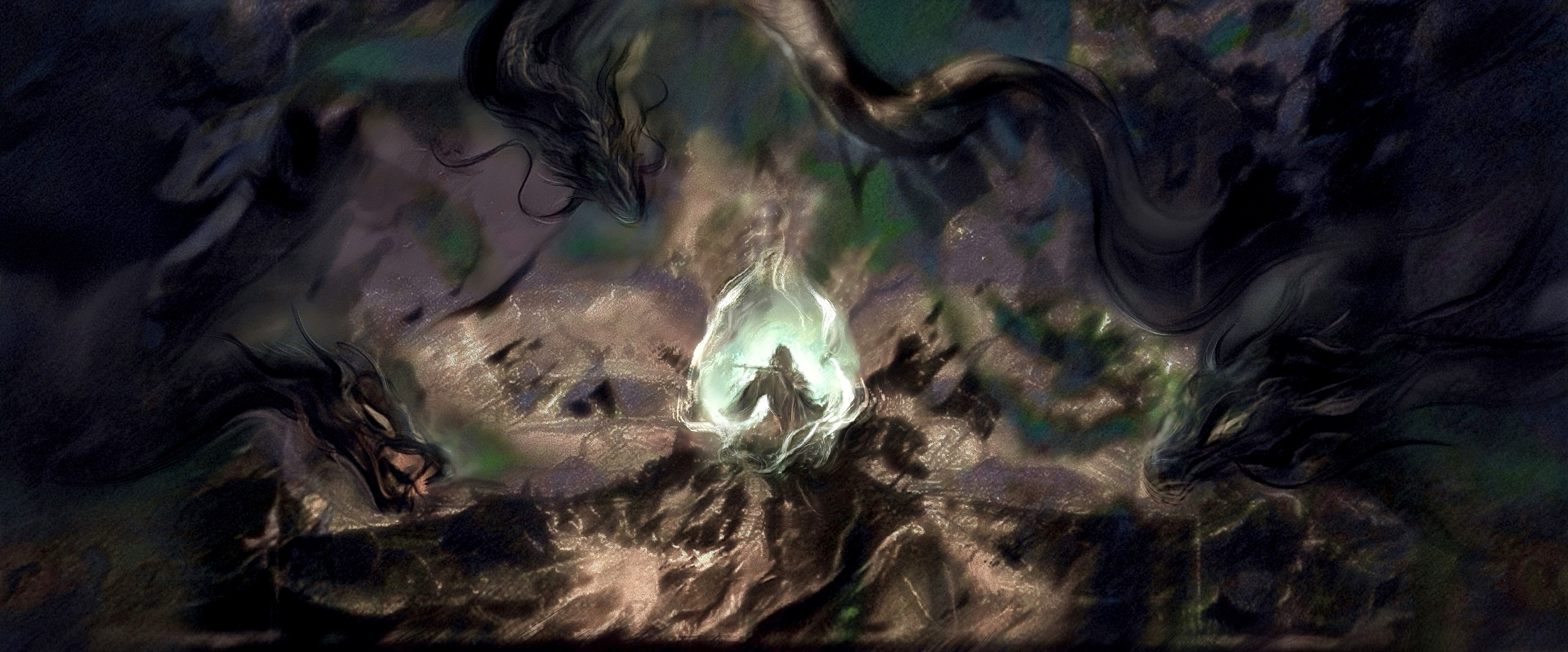A solitary figure moving through a dark illuminated passage