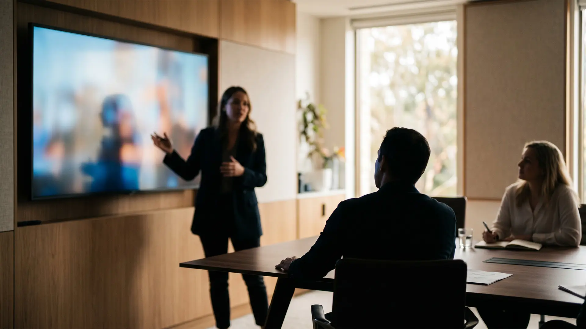 Out-of-focus corporate meeting with a presenter pitching in a modern conference room while video content plays on a large screen.