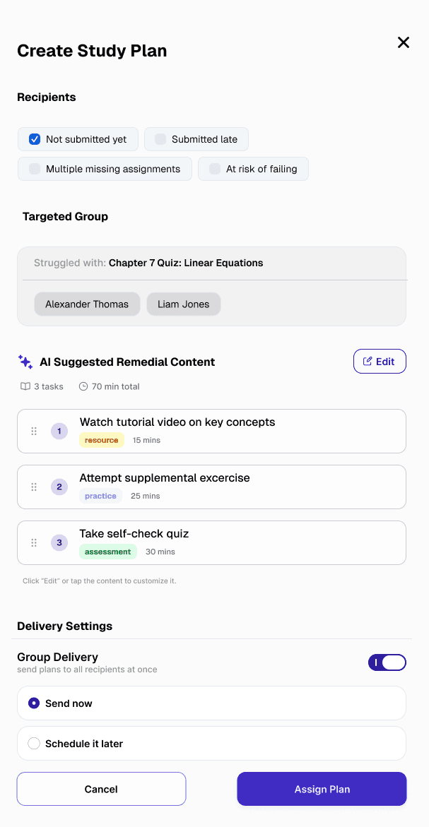 After: a sequenced study plan with activity types and time estimates