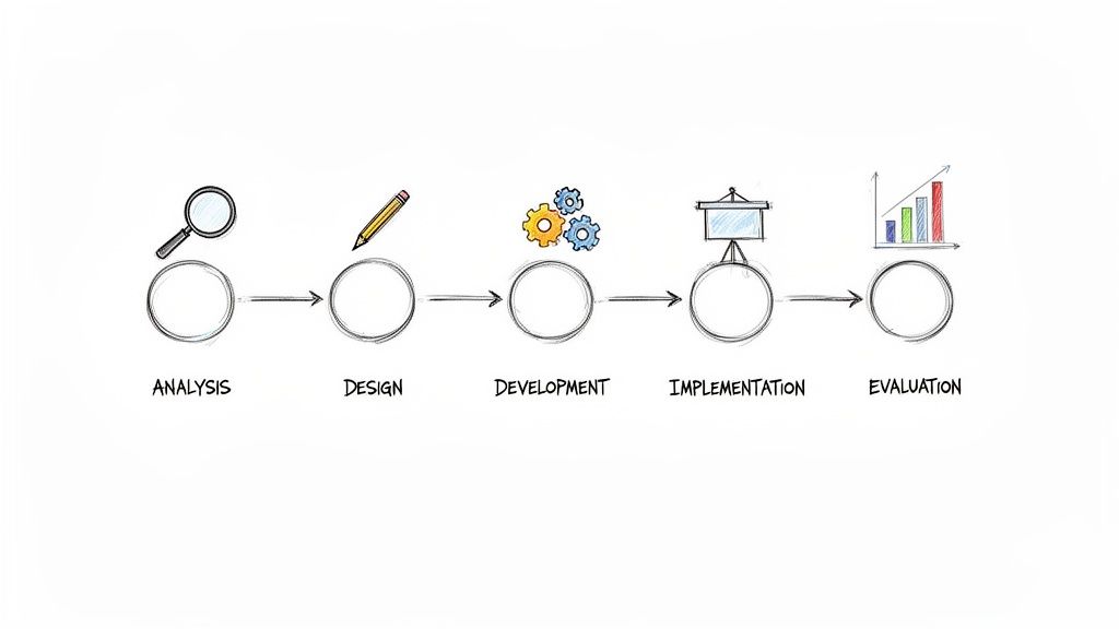Hand-drawn diagram illustrating a five-step process for project development: analysis, design, development, implementation, evaluation.