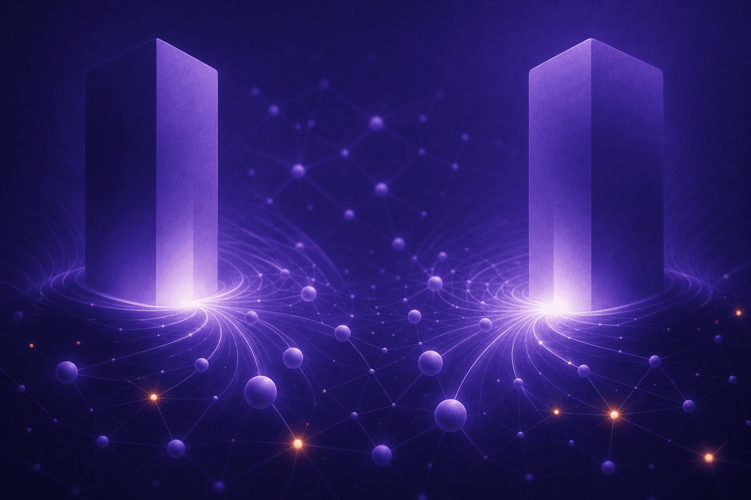 A dramatic visual representation of market consolidation in the B2B SaaS technology landscape. Two large corporate monoliths or pillars representing dominant CRM ecosystems absorbing smaller independent platforms, depicted as glowing orbs or nodes being pulled into two gravitational centers on a dark digital background. Abstract network nodes and connection lines fading or converging toward the two dominant structures, conveying the collapse of a diverse competitive field into a duopoly. Futuristic, clean, professional aesthetic with deep blue and purple tones and subtle orange accents.