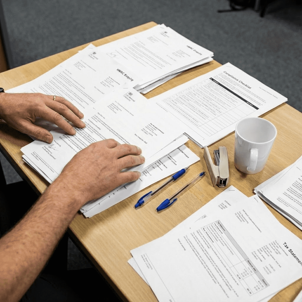 A professional woman with short dark hair wearing a beige blouse stands in a busy office.