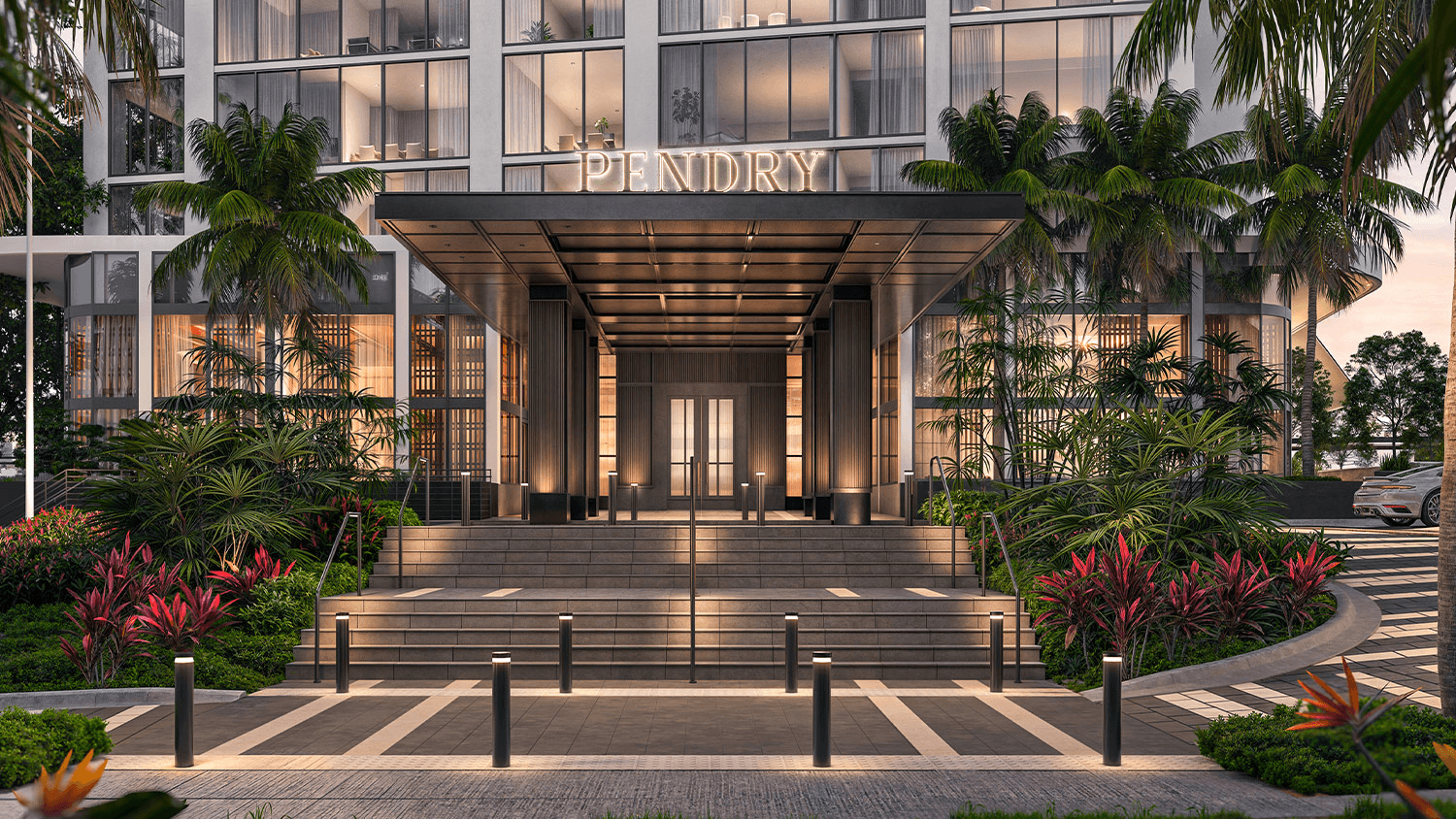 Grand entrance and porte-cochère of Pendry Residences Tampa featuring elegant architectural design and landscaping