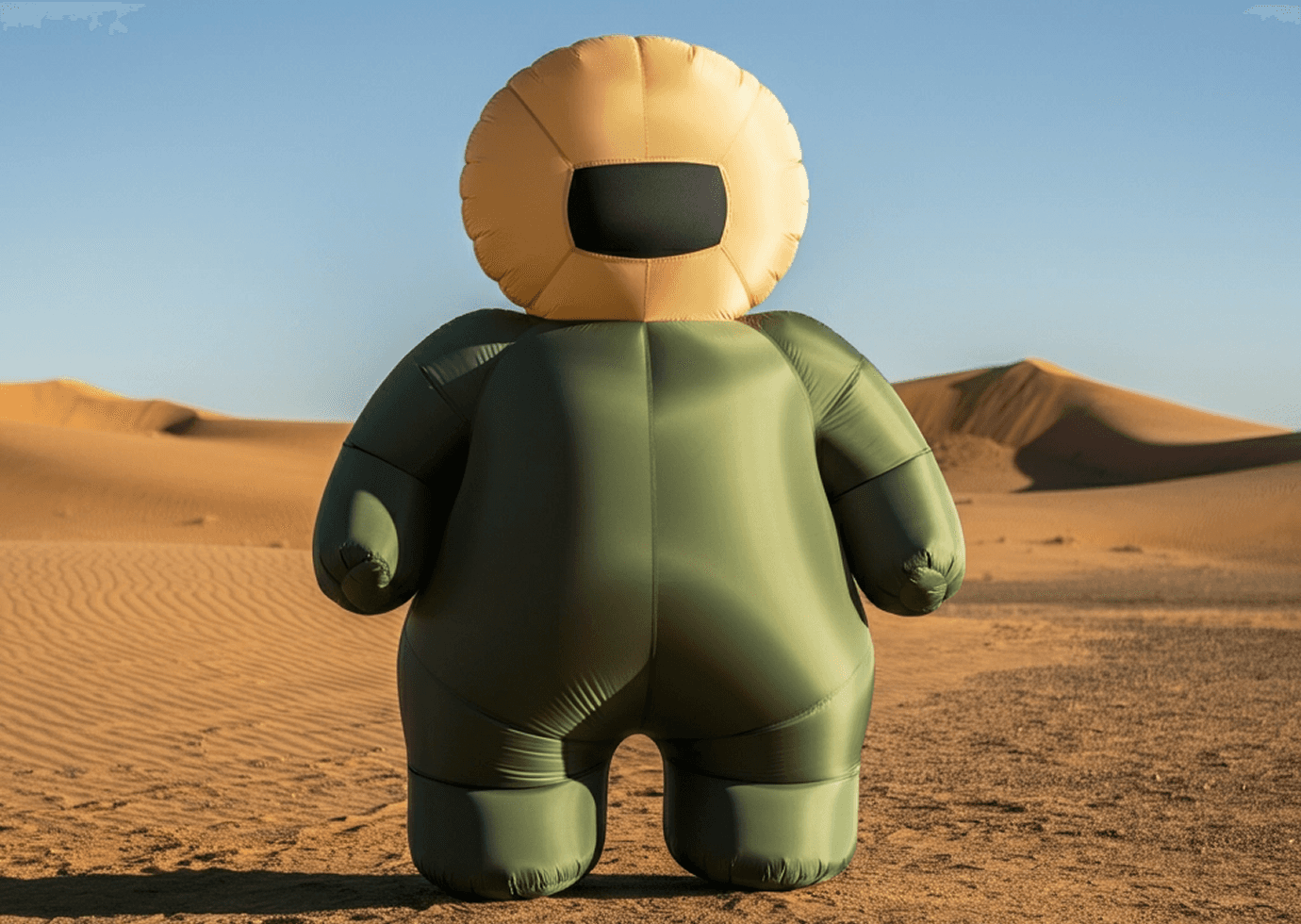 Inflatable astronaut-like figure in a green suit with a yellow helmet standing in a sunlit desert surrounded by sand dunes.