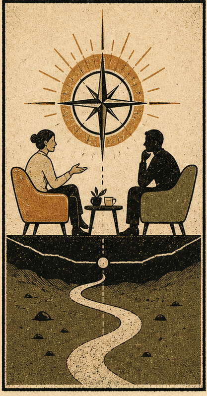 Hand-drawn coaching chairs, compass, and path for 8thday