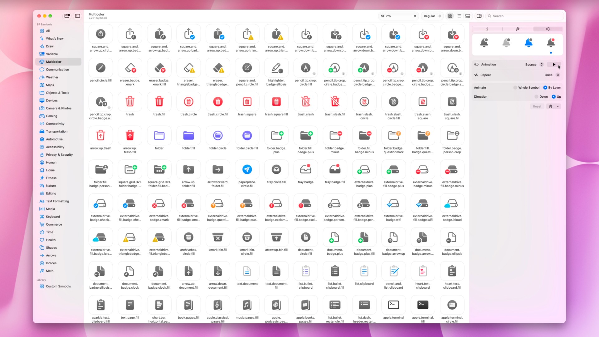 Screeenshot of the SF Symbols app showing a large library of icons