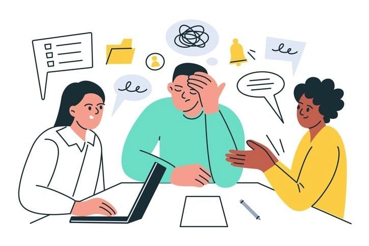 The image depicts a professional interview setting where an interviewer and a candidate engage in a discussion about challenging workplace scenarios. The candidate demonstrates their problem-solving skills and shares a relevant and impactful example of how they effectively handled a difficult situation involving customer complaints and tight deadlines, showcasing their communication skills and ability to manage stress.