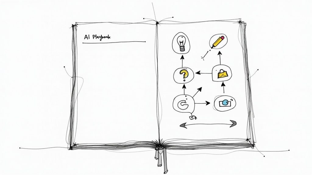 Open 'AI Playbook' showing a flowchart of AI content creation and ideation steps.