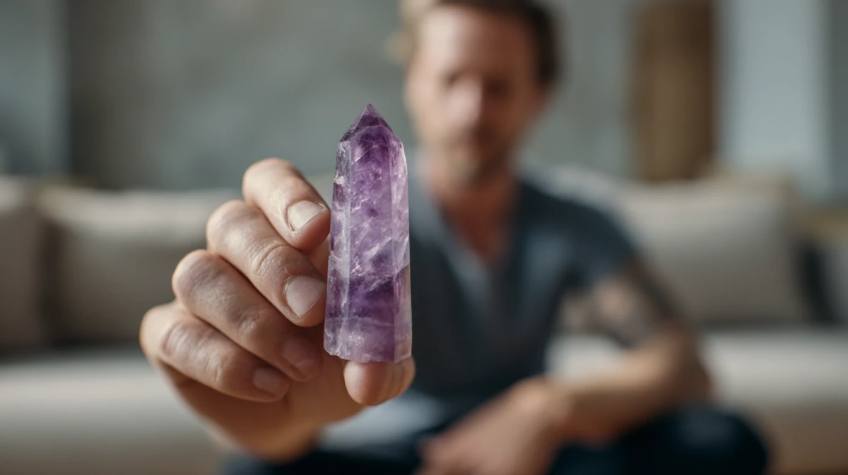 Hand gripping amethyst point during breathwork practice