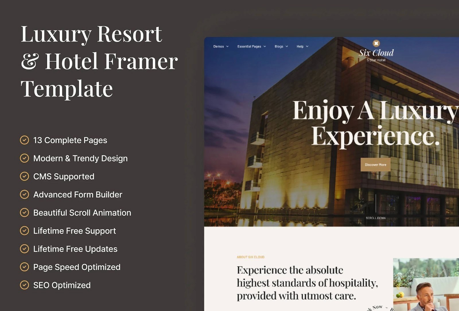 Hotel Six luxury resort and hotel website template designed in Framer