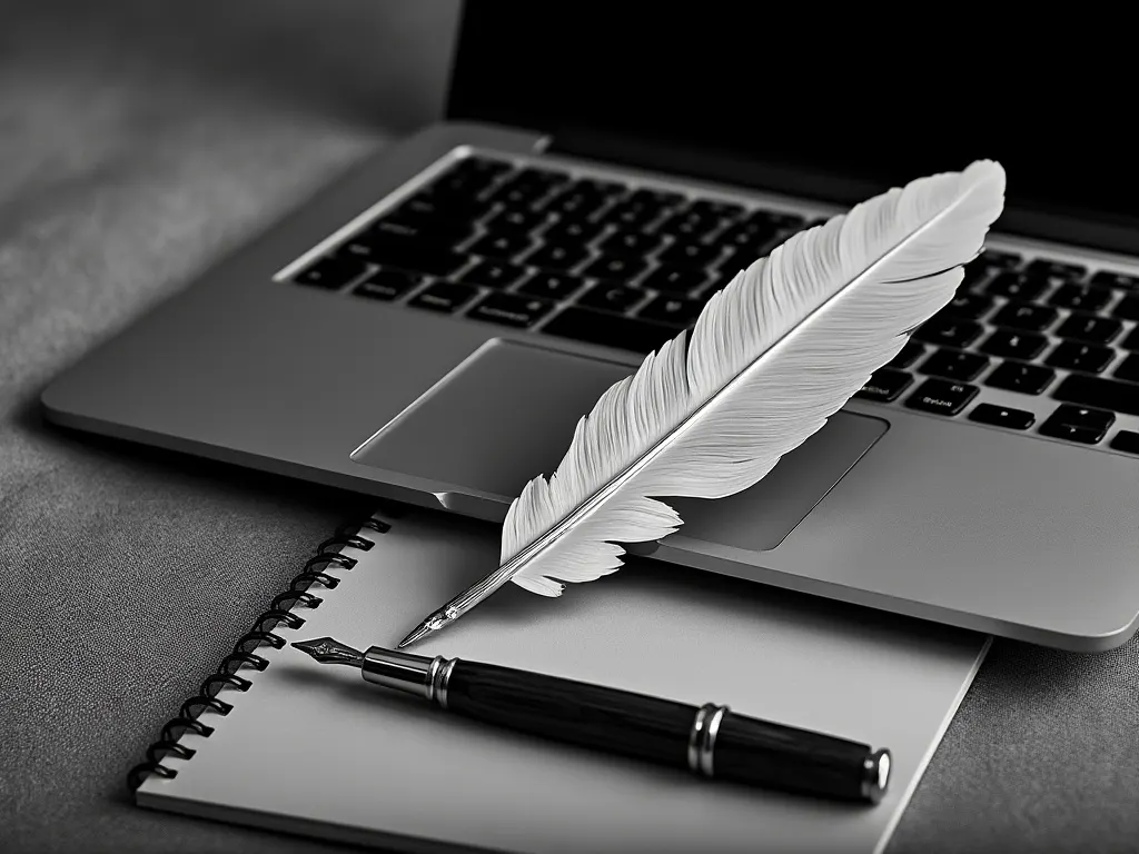 Pluma estilográfica y cuaderno sobre un portátil, símbolo de escritura técnica y estrategia en Web3