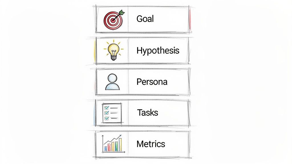 A diagram illustrating five core UX validation elements: Goal, Hypothesis, Persona, Tasks, and Metrics.