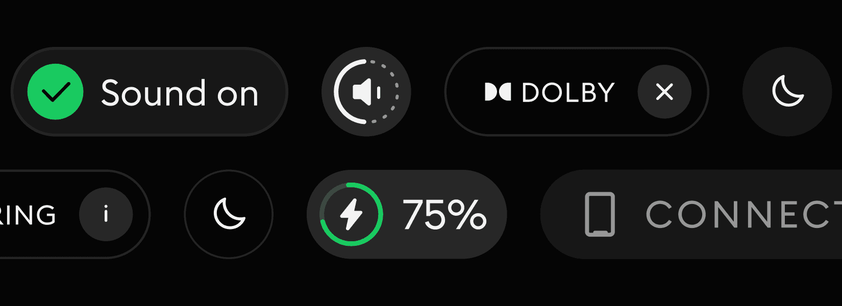 Zoom sur les composants interactifs du Design System de l'application Devialet, présentant des boutons de commande et des indicateurs d'état (niveau de batterie, activation du son, connexion Dolby). Le visuel illustre le travail sur l'iconographie et l'ergonomie visuelle, reprenant les codes esthétiques haut de gamme de la marque pour garantir une expérience fluide et intuitive.