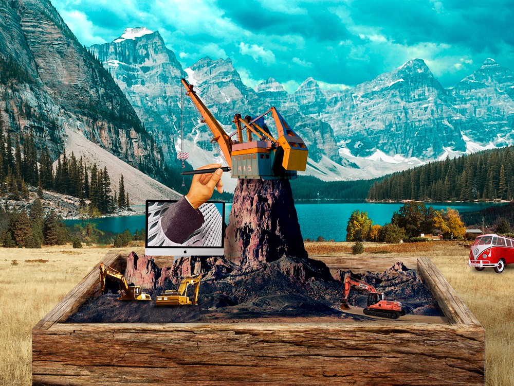 Paisaje surrealista con maquinaria de construcción y montaña, lago y bosque de fondo.