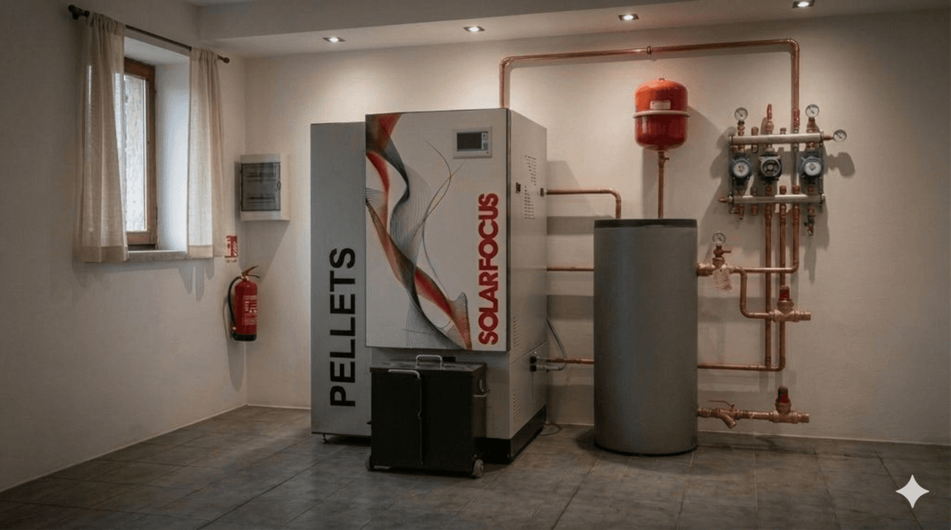 Caldaia a pellet Solarfocus con sistema automatico di caricamento pellet e serbatoio esterno in locale tecnico domestico