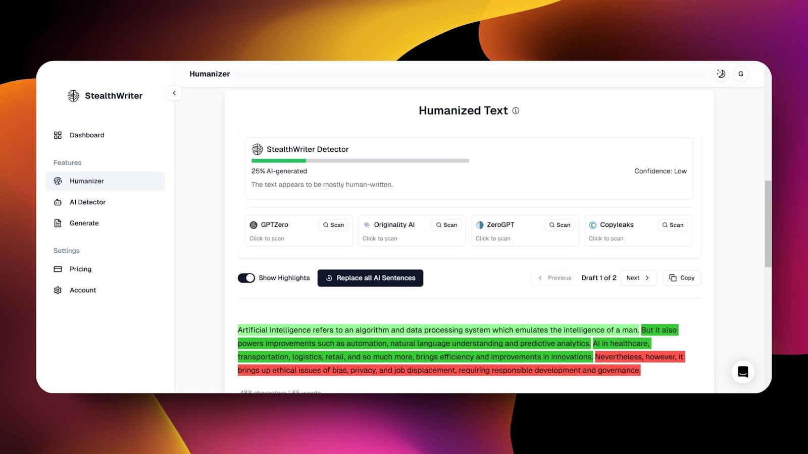 Screenshot of StealthWriter interface displaying Humanized Text analysis with 25% AI-generated detection, highlighted AI and human sentences, and scan options.