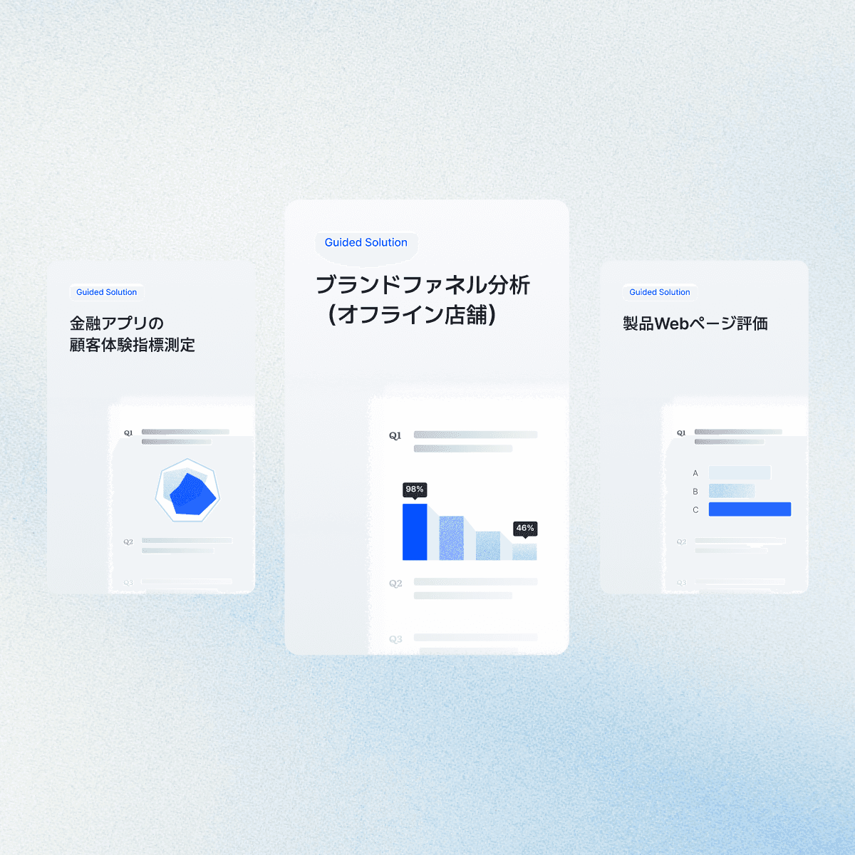 Three digital screens displaying data visualizations and analytics interfaces in a minimalistic design.