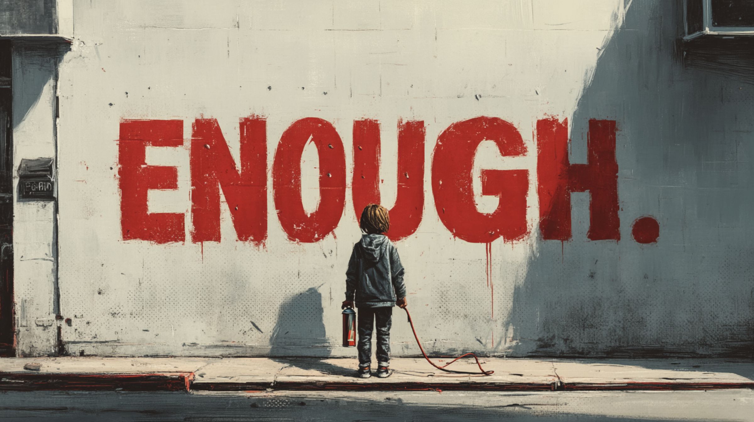 A child stands before a white wall with the word “ENOUGH.” painted in bold red graffiti, representing rebellion through awareness.
