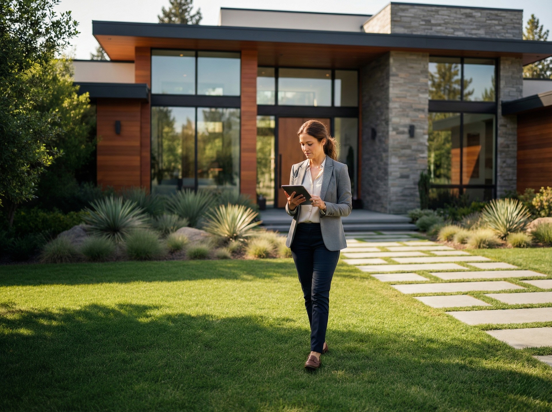 Professional appraiser evaluating residential home exterior