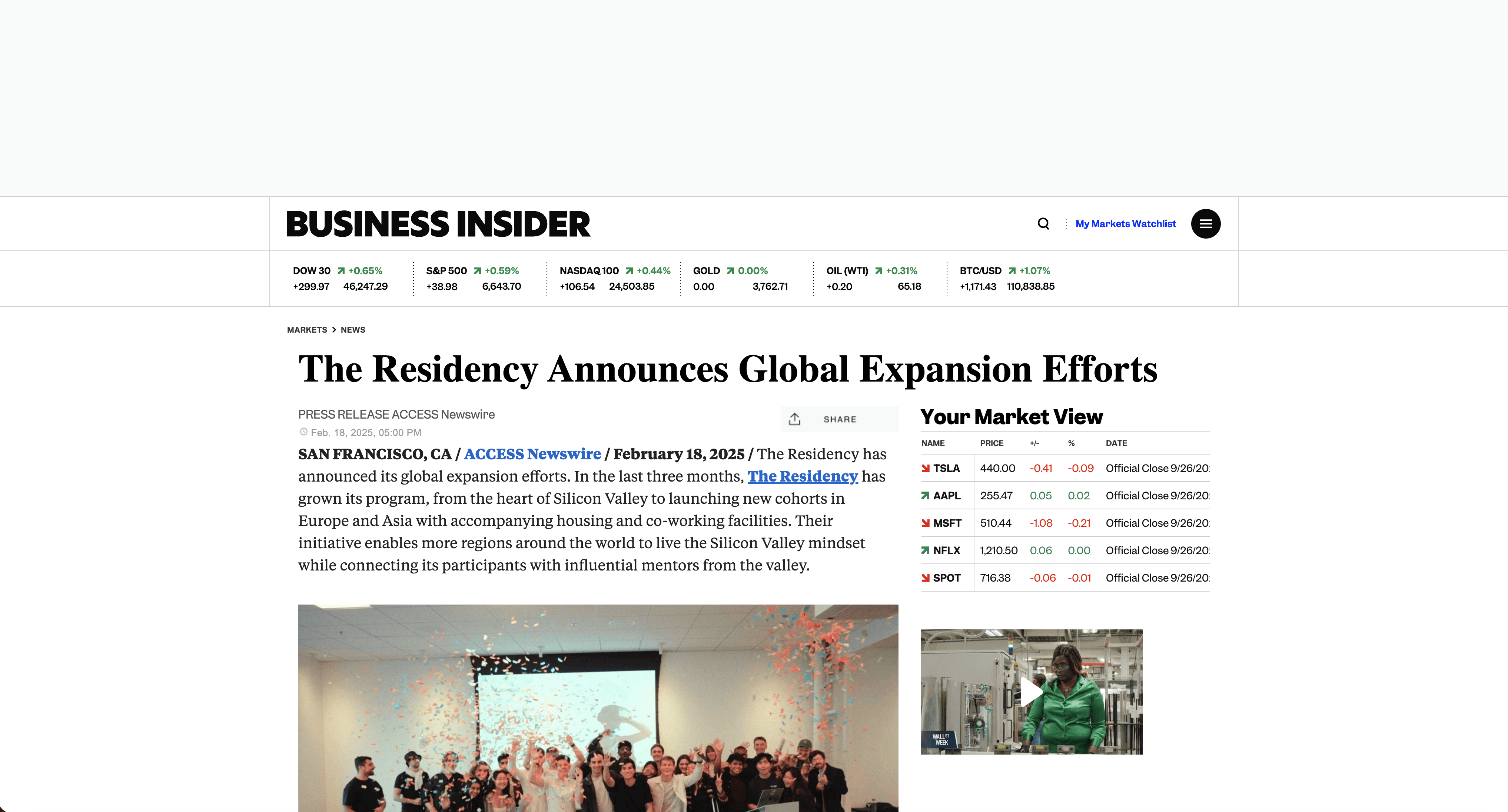 Business Insider article: The Residency announces global expansion efforts
