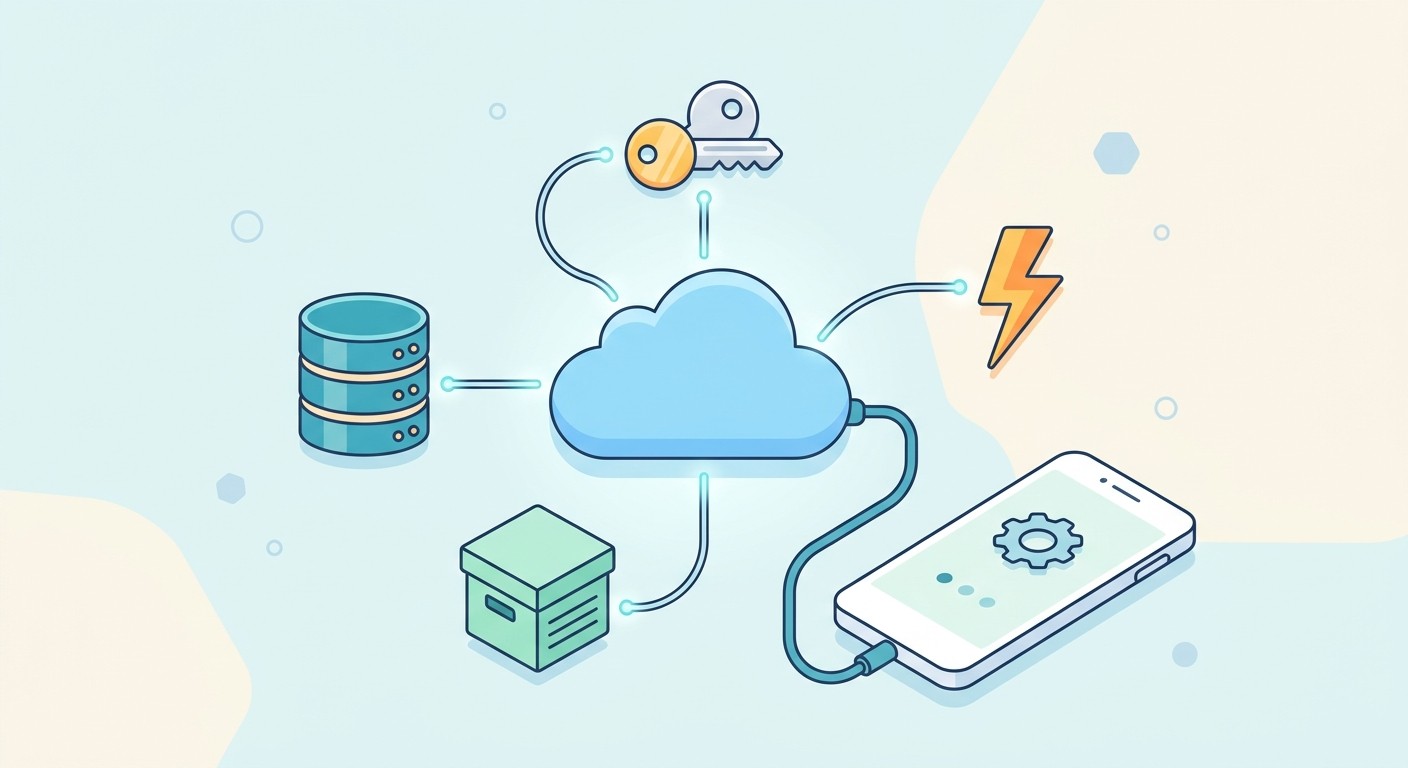 Diagram of CatDoes Cloud backend with database, authentication, storage, and edge functions connected to a mobile app