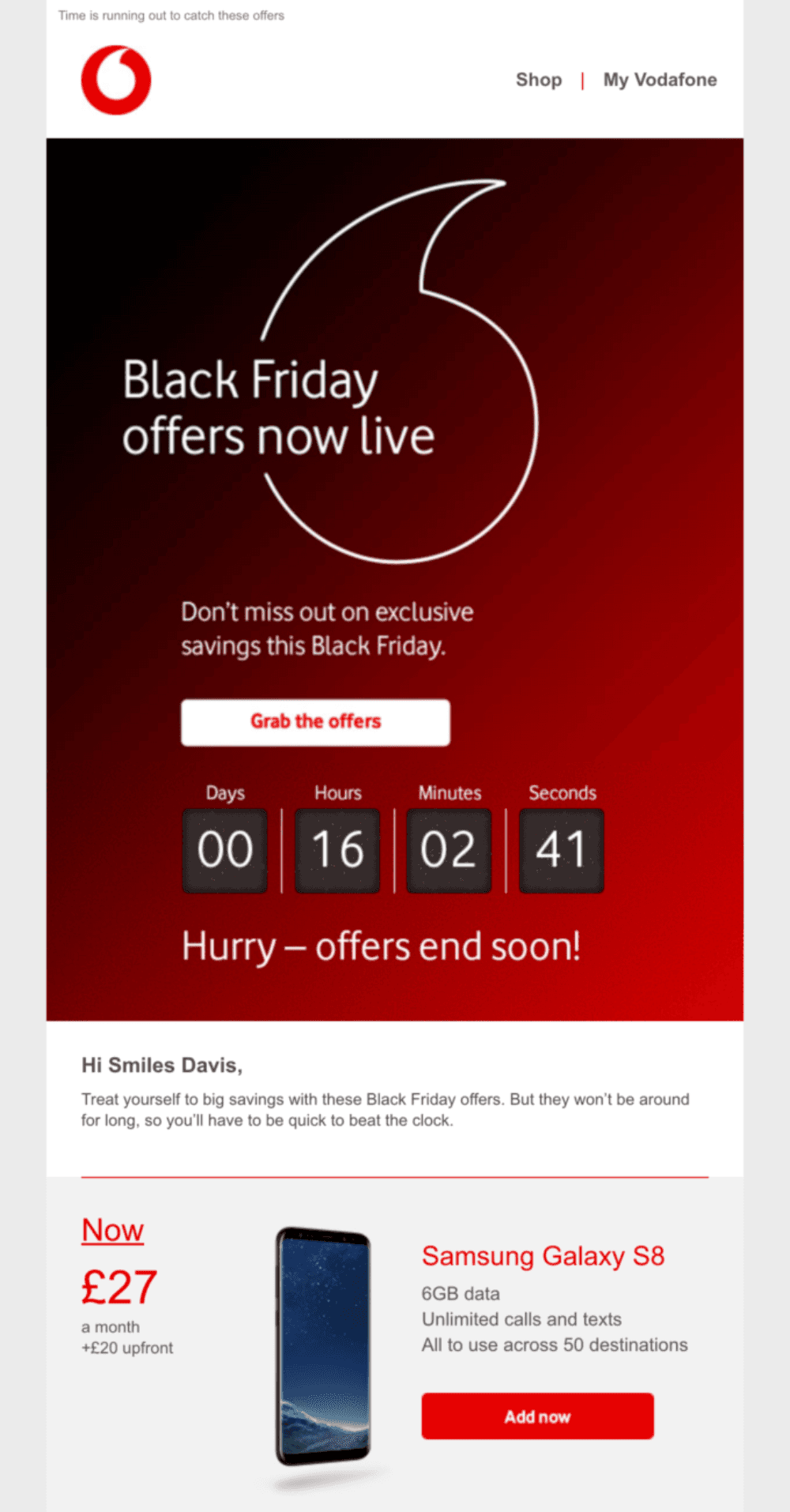 Vodafone Black Friday Countdown Email: "A red and black email with a countdown timer and a promotion for Black Friday offers. Features a discounted phone plan with an image of a Samsung Galaxy S8."