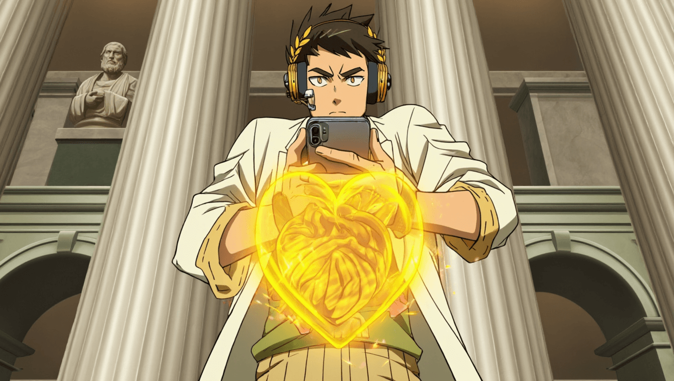 Medical Study AI: An epic anime frame of a medical student in a draped white lab coat holding a glowing phone that projects a golden holographic heart.