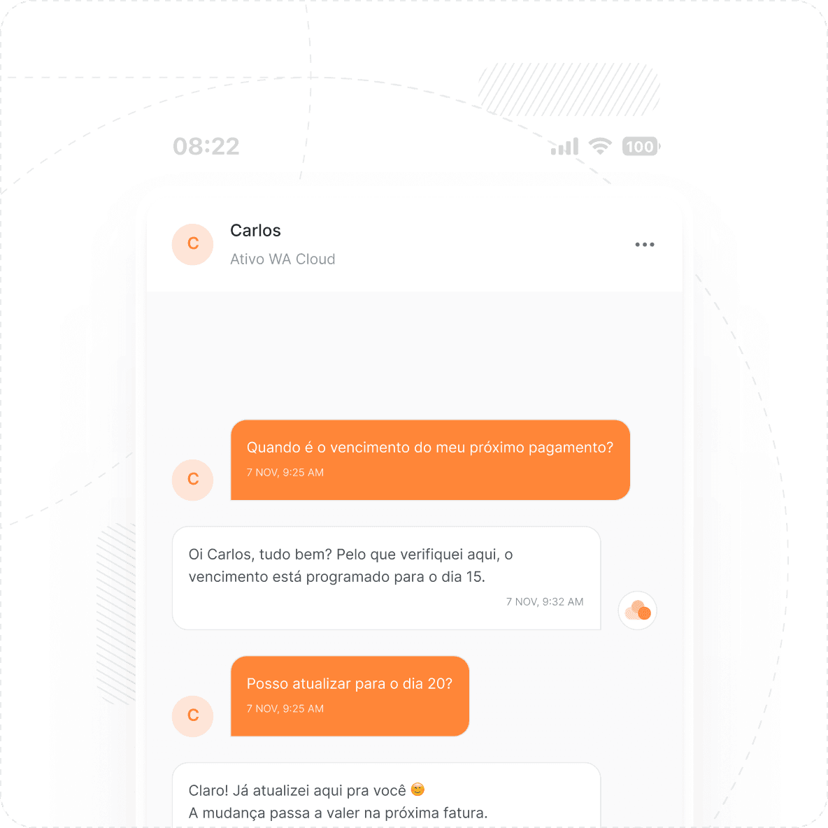 Atendimento automatizado da ClaudIA via WhatsApp sobre vencimento de pagamento.