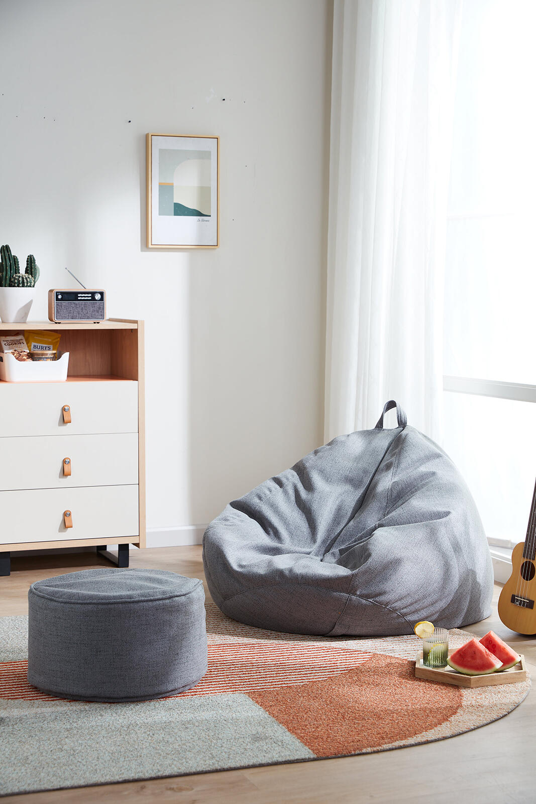 Grey bean bag chair home furniture photography by Lefty Studio