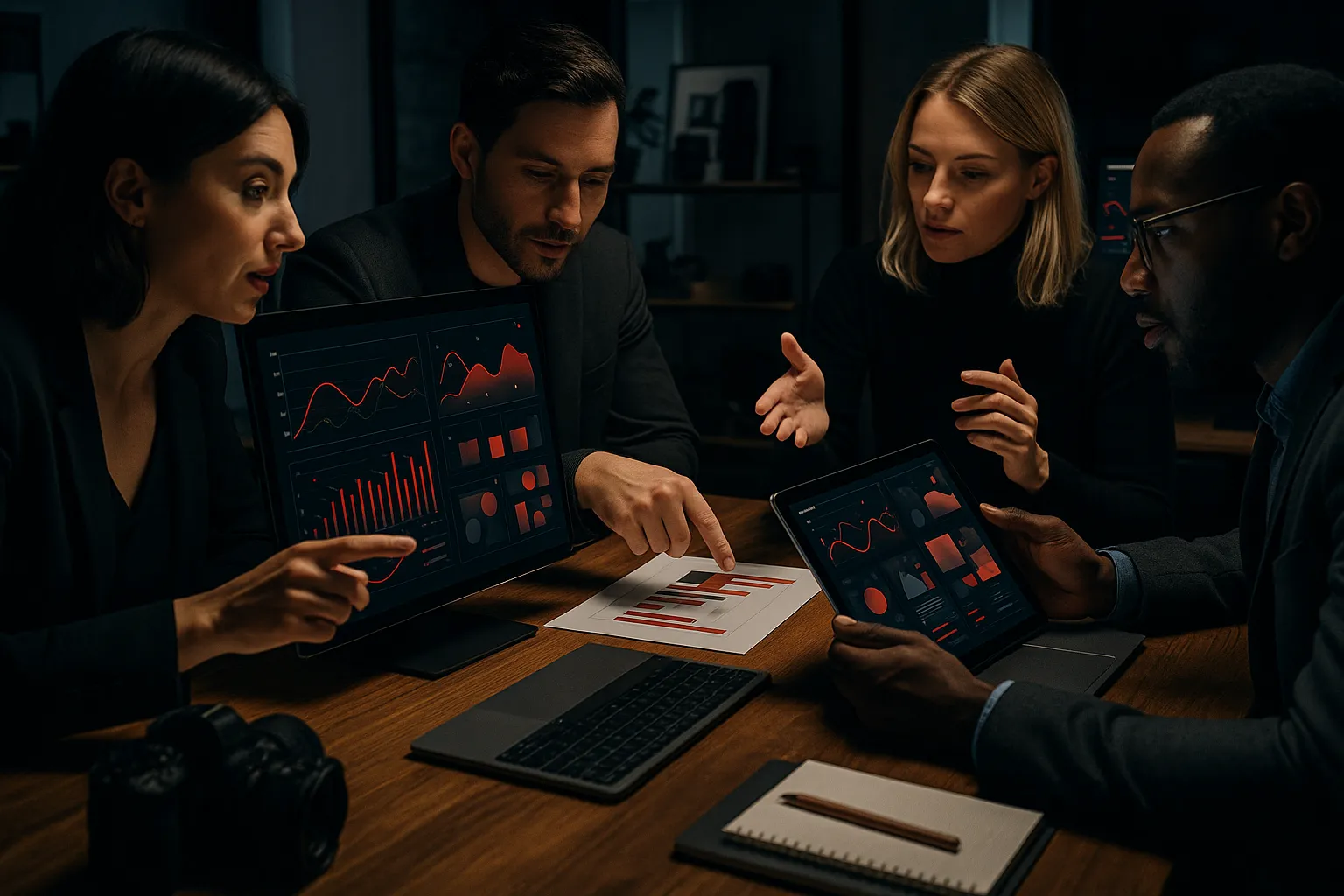 RockN' Socials team analyzing charts; a vibrant digital marketing agency meeting.