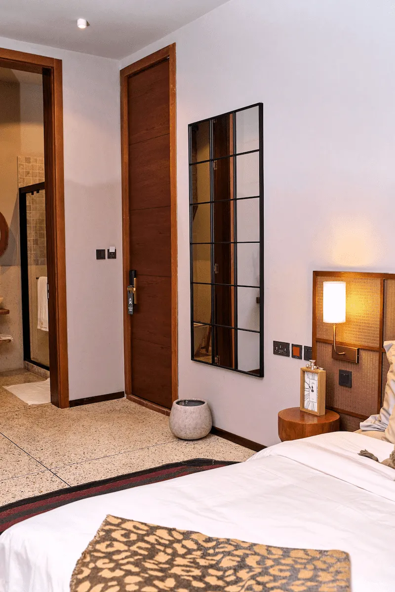 shot of room corner: door, mirror, bed