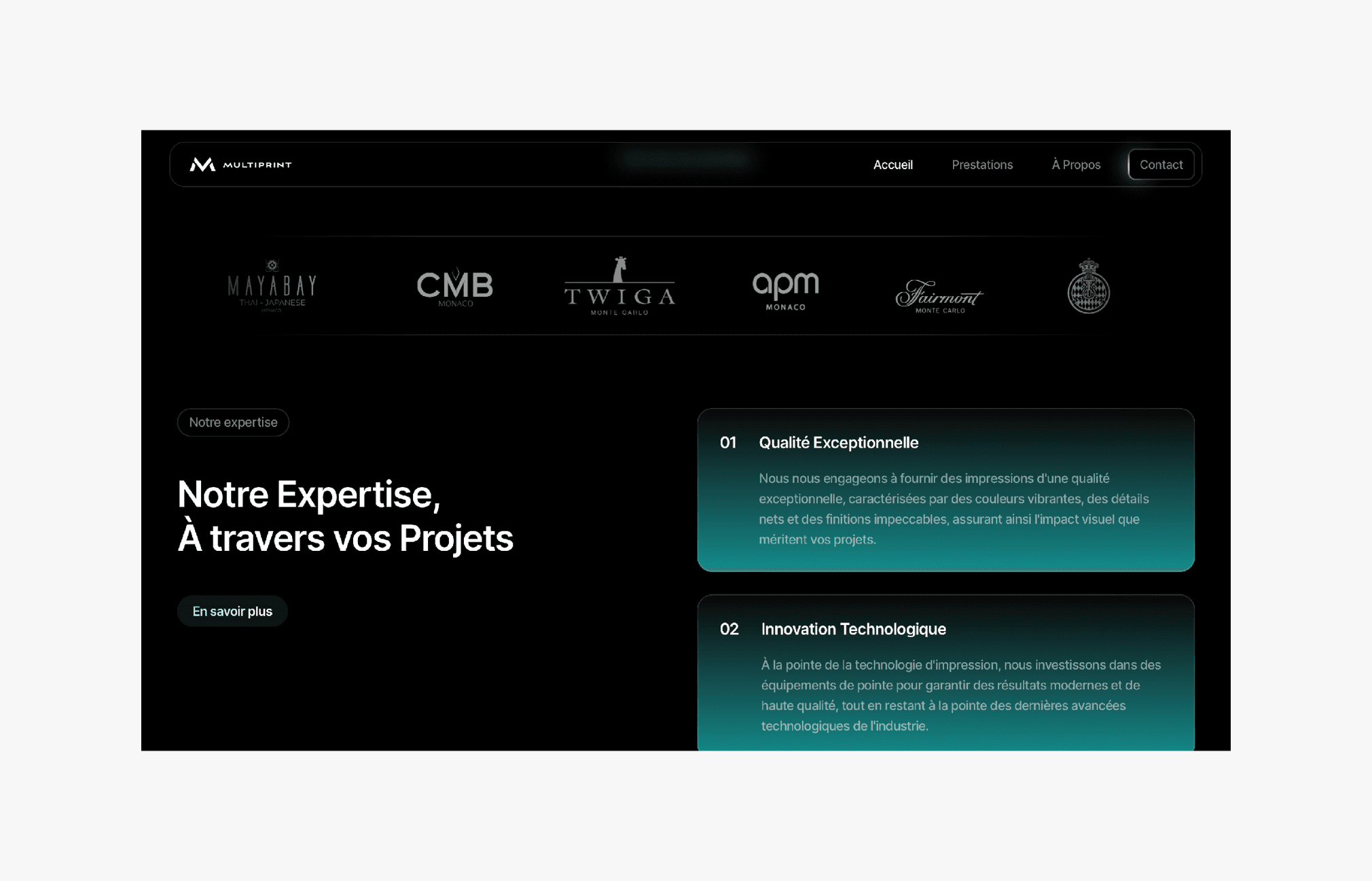 Fond noir avec des logos de clients en haut. Texte "Notre Expertise, À travers vos Projets" en blanc et deux sections sur "Qualité Exceptionnelle" et "Innovation Technologique"