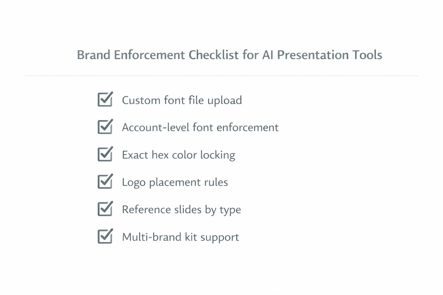 Checklist graphic summarizing key requirements for enforcing brand fonts, colors, and assets in AI presentation tools.
