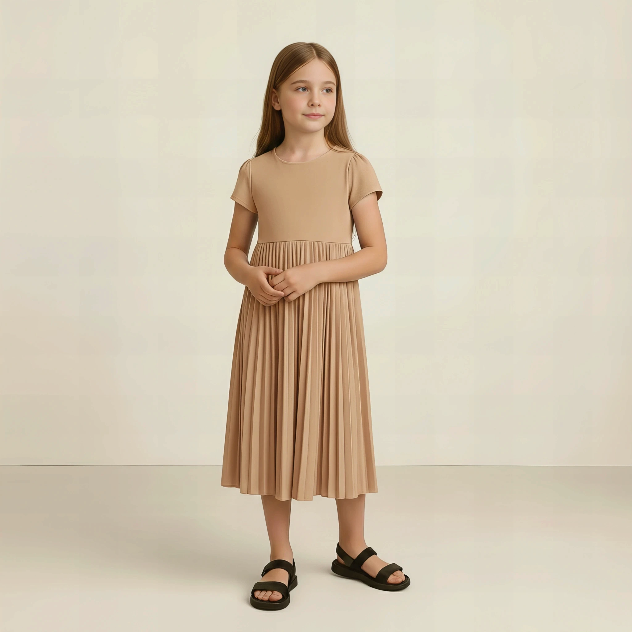 Pleated Midi Dress in Warm Sand