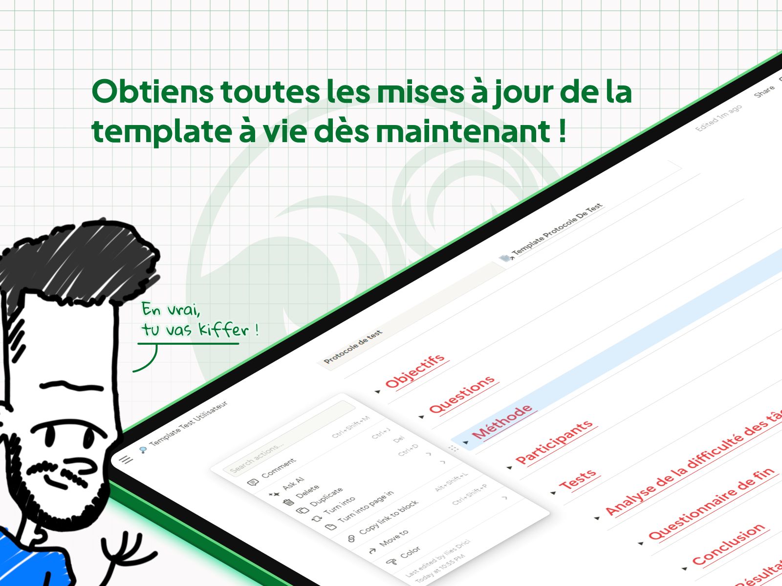 Présentation de la template Test Utilisateur Guidé  créée par Ilies MANATA freelance Ux / Ui Designer et Développeur Framer