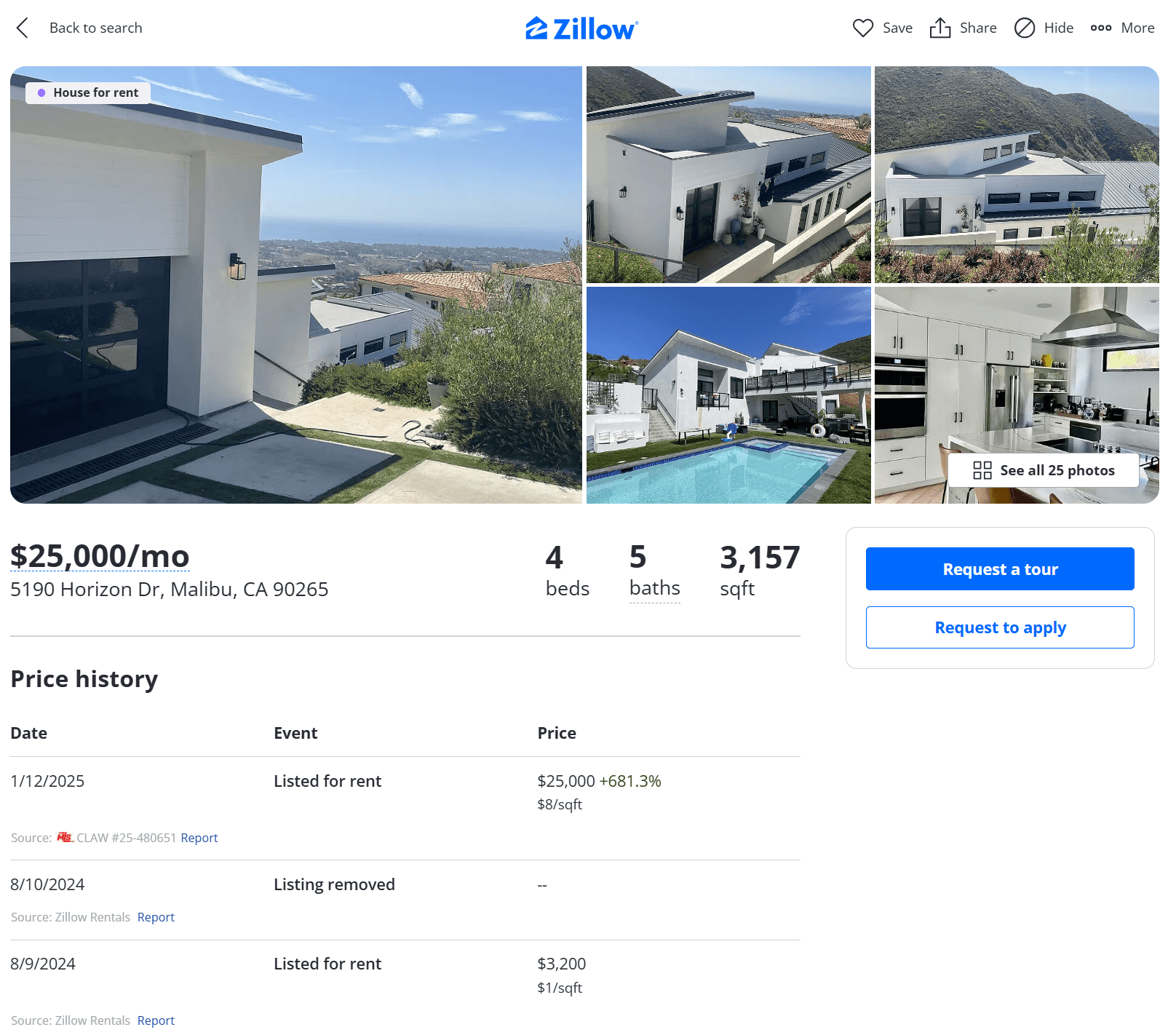 Zillow listing of a Malibu rental property showing price increases of homes following the Pacific Palisades fires.
