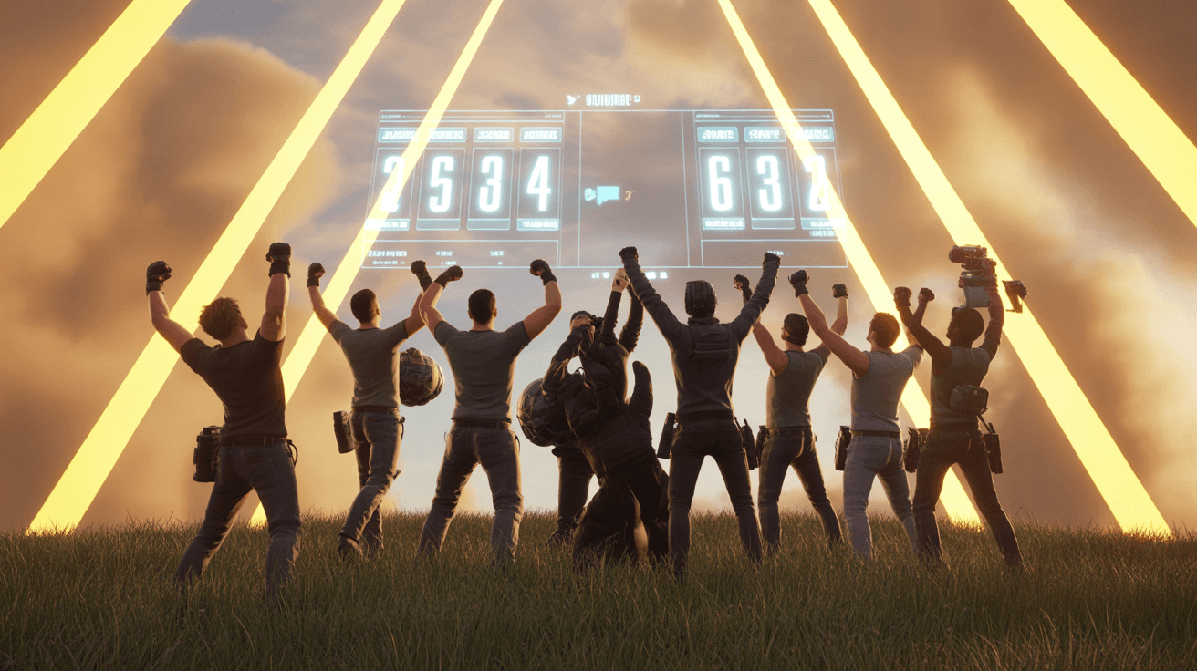 Battle royale victory thumbnail featuring a celebrating squad and holographic scoreboard