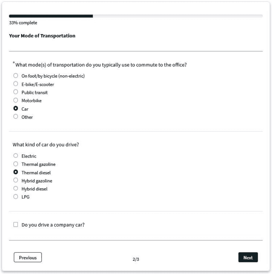 Screenshot of an employee mobility survey built with the Aguaro Assessment Builder. The form asks about commuting habits, including mode of transportation and type of car used.