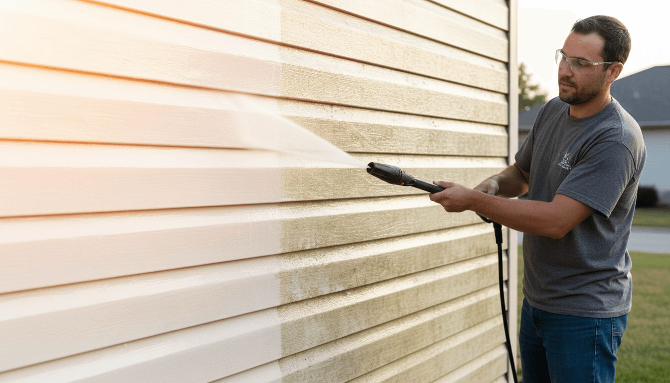 A man using a pressure washer to clean the exterior of a house.