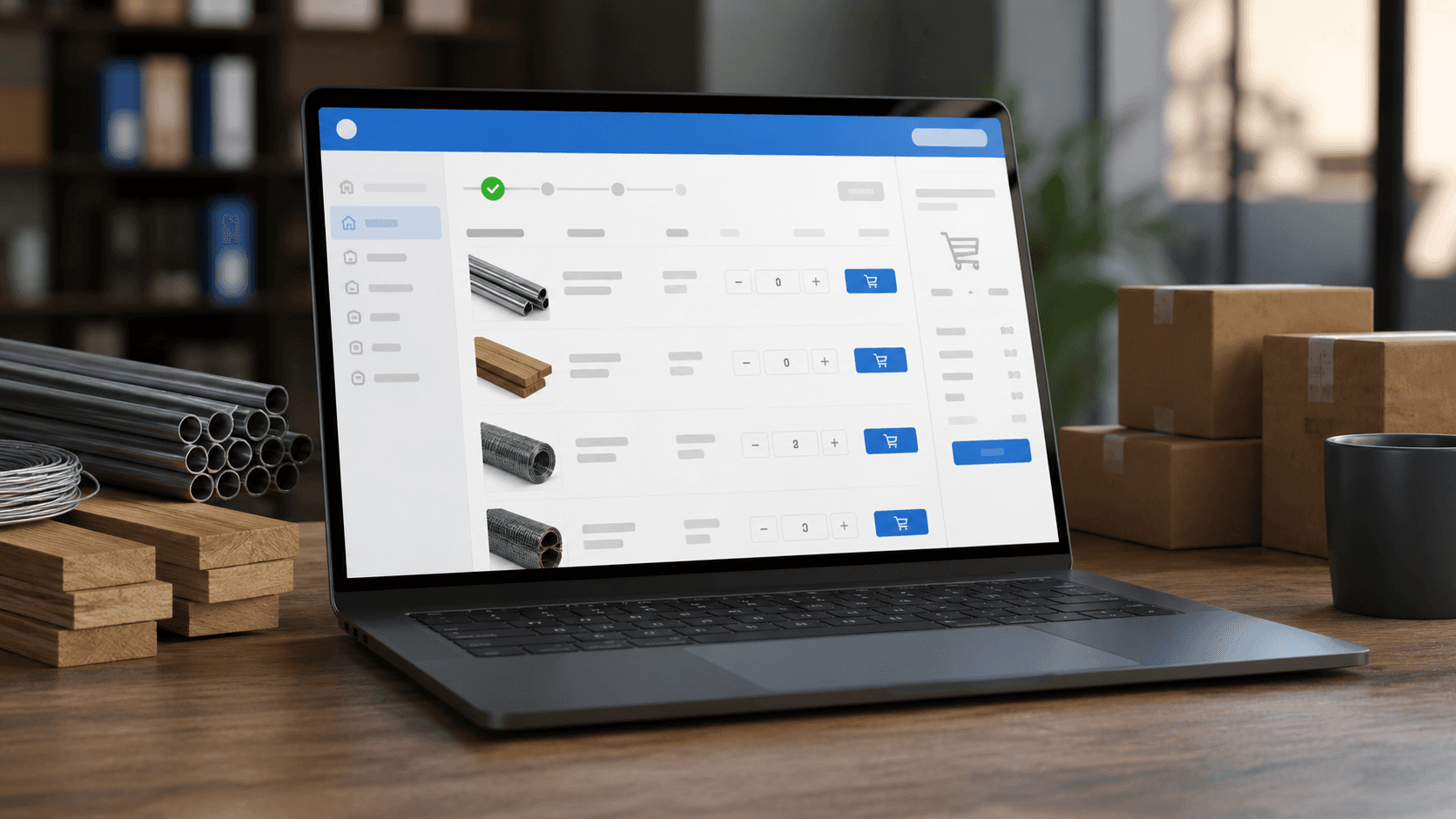 Interface de portal B2B exibida em um notebook sobre mesa de madeira, com catálogo de produtos industriais e opções de pedido, ao redor há materiais como tubos metálicos, madeira e caixas, representando um ambiente de operação comercial sem presença de pessoas.