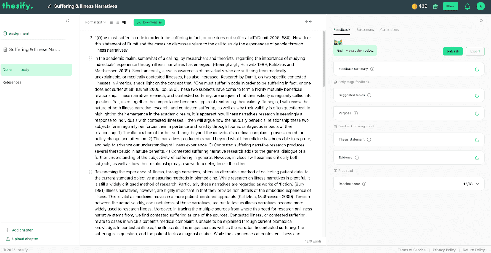 Screenshot of the thesify workspace showing an essay on suffering and illness narratives with the feedback panel on the right summarizing pre-submission comments on topics, purpose, thesis, evidence, and reading score.